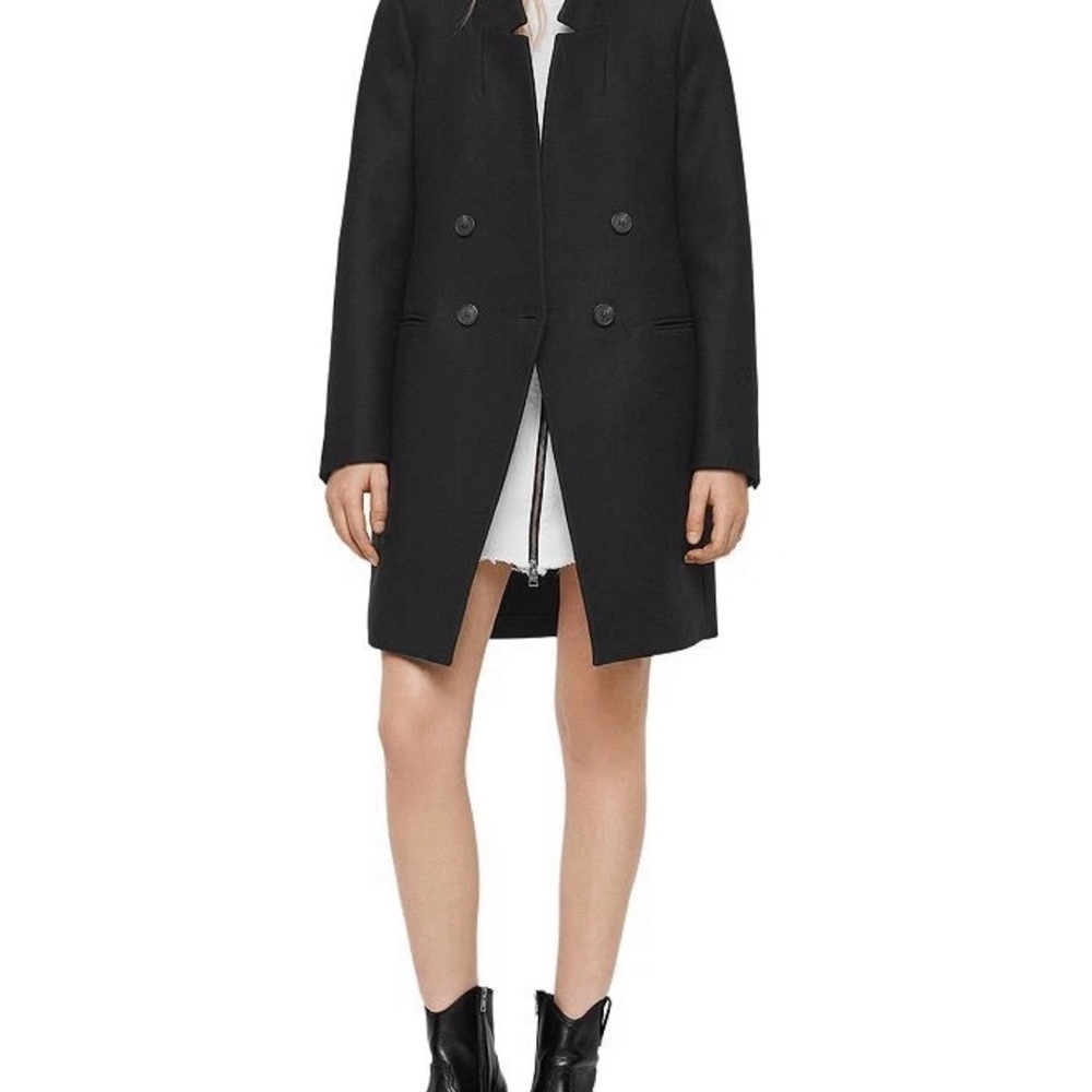 AllSaints Adrea Black Wool Coat Mid Length Double Breasted Tailored Italian US 4